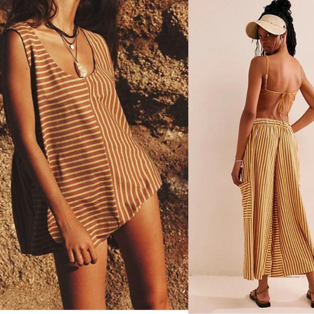 Free People Brown and Cream Striped Jumpsuit